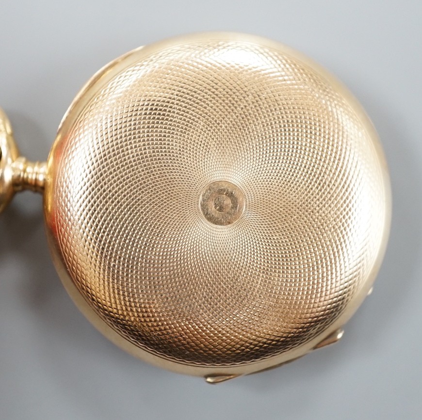 An early 20th century engine turned 14k yellow metal hunter keyless fob watch, with engraved monogram, dial inscribed Borel, Neuchatel, case diameter 36mm, gross weight 34.5 grams.